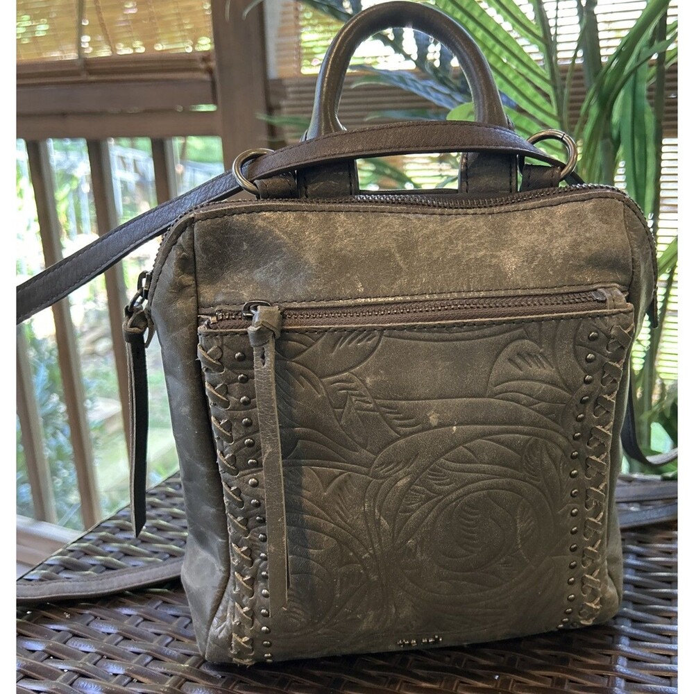 The Sak Loyola Leather Backpack Bag Distressed Gray Floral Embossed